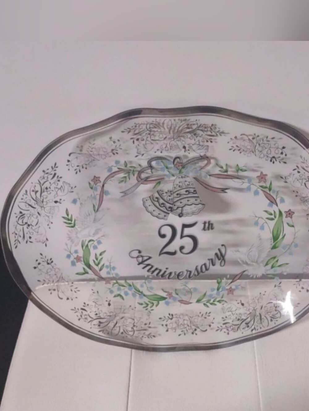 Lefton 1984 Oval 12"x10" Platter/Dish, 25th Anniversary Floral,Doves,Bells